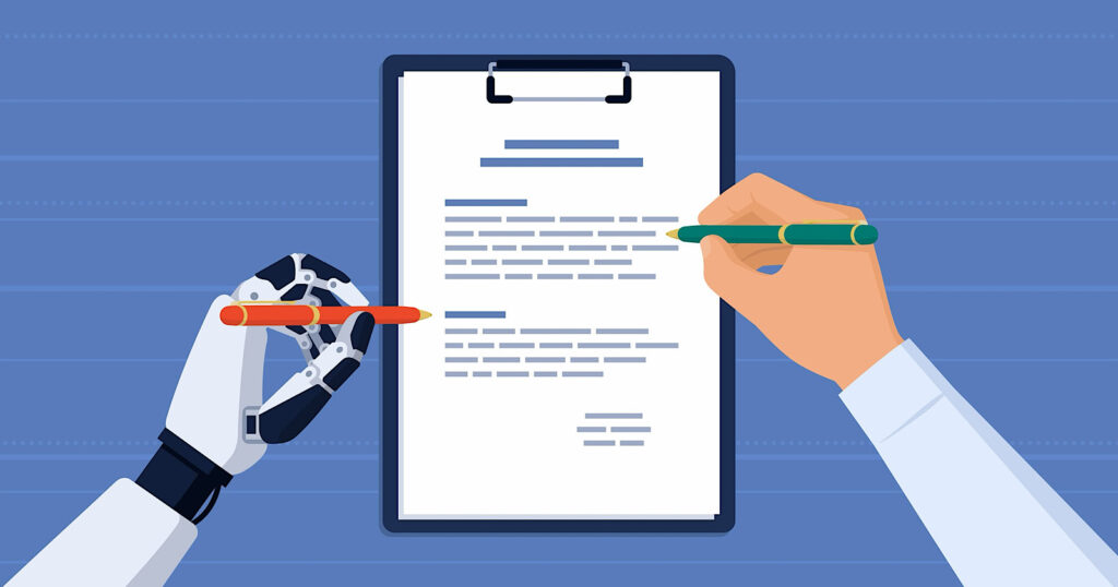 Humanoid,Ai,Robot,And,Human,Working,Together,On,A,Document